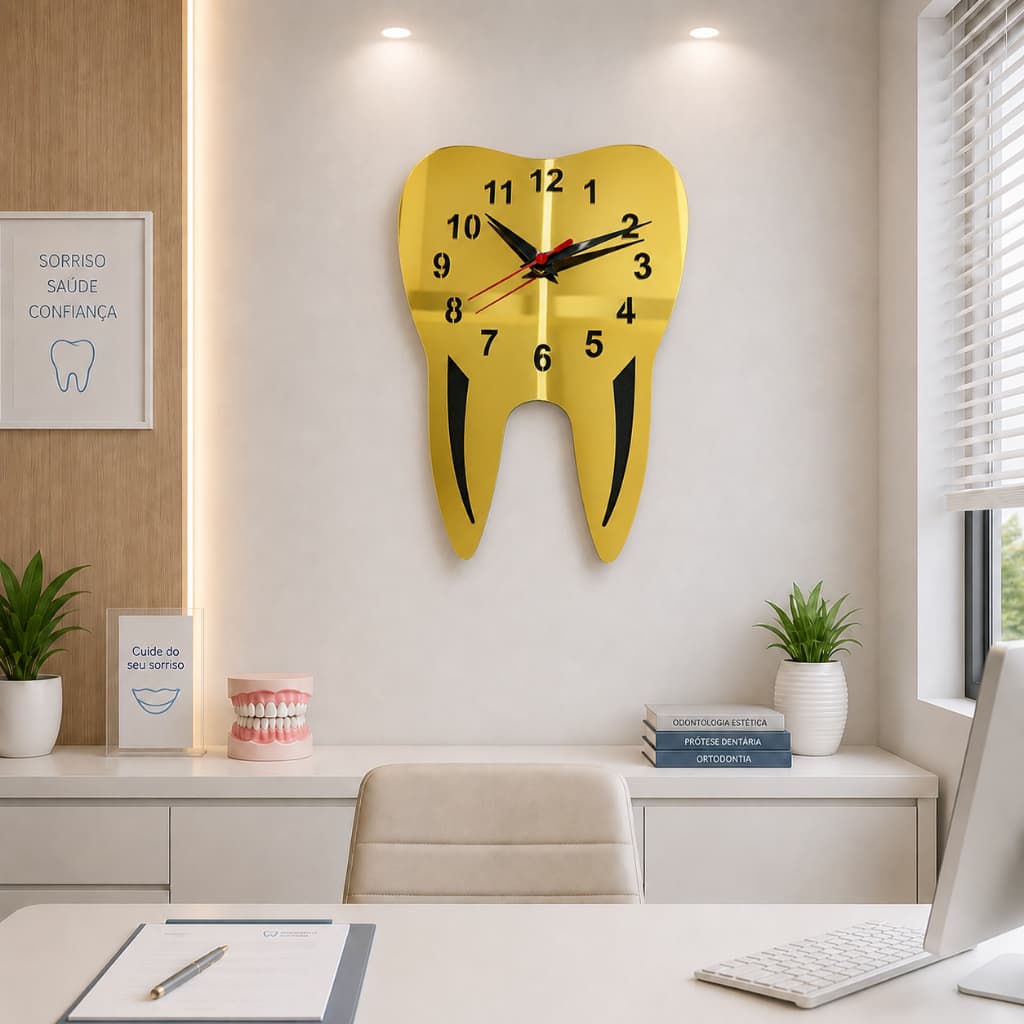 Relógio de Parede Analógico Formato Dente 30x22cm Decorativo para Clínica Odontológica Consultório