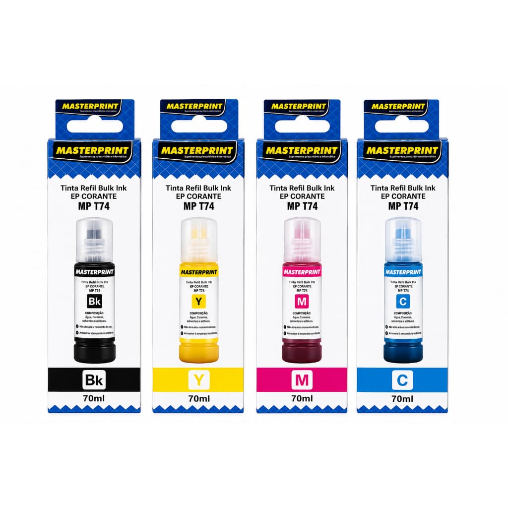KIT 4 REFIL TINTA  T544/504 COMPATÍVEL PARA EPSON MASTERPRINT L1110 L3110 L3150 L3250 L4150 L4160 L5190 BK C M Y