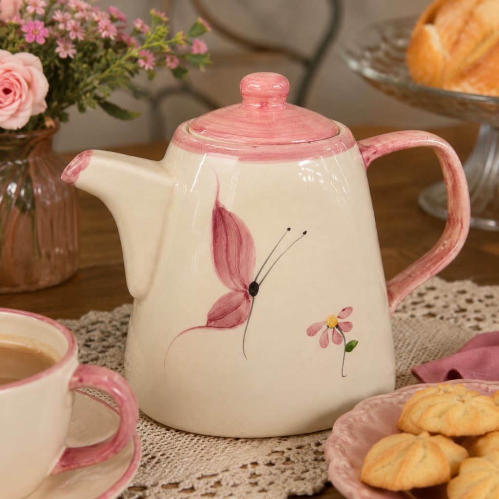 Chaleira Bule De Chá Café Rosa Borboleta Feito em Cerâmica Decorado Pintado a Mão