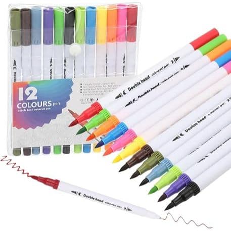 Caneta Brush Pen Ponta Dupla Kit 12/24 Cores 2 em 1, Pontas Pincel e Fina, Canetinha Colorida para Lettering