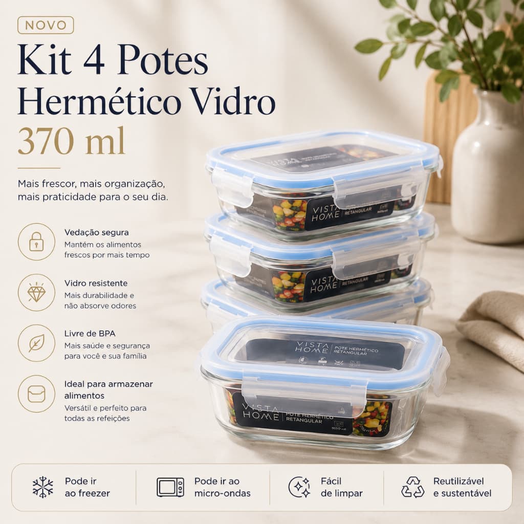 kit 4 potes Hermeticos Vidro 370 ml marmita Forno Freezer Micro ondas