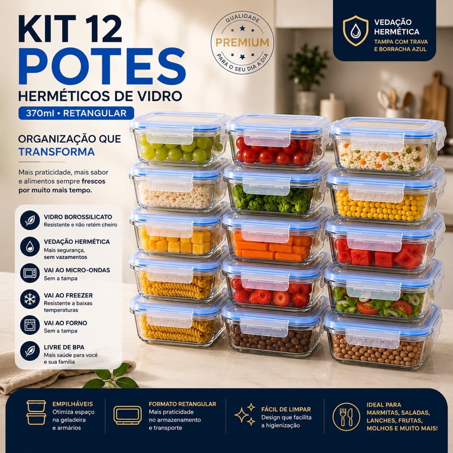 kit 12 Potes Herméticos  Vidro Marmita 370ml Microondas Forno Freezer