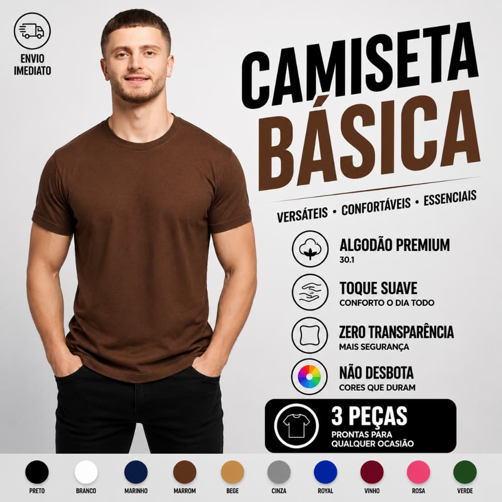 Camiseta Masculina Algodão Camisa Marrom Masculinas Slim Básicas Gola Redonda Tribo
