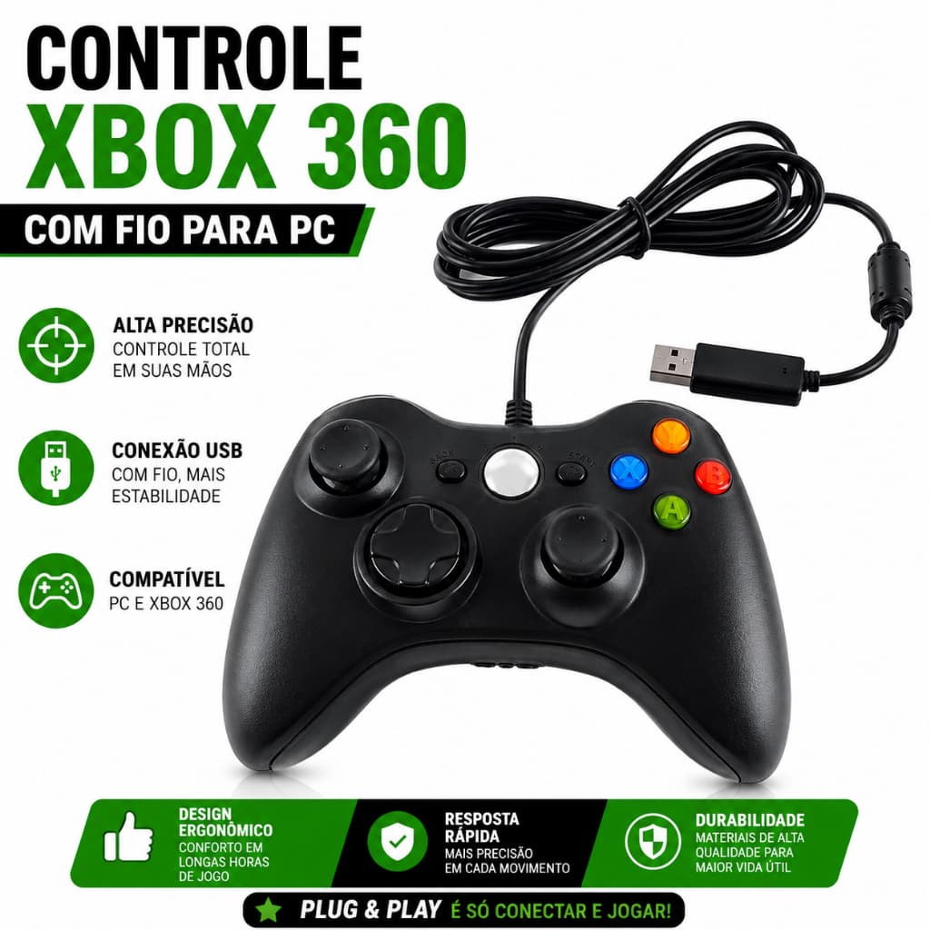 Controle De Xbox 360 Com Fio Para Video Game cabo 1,9 metros Alta Qualidade Linha Premium