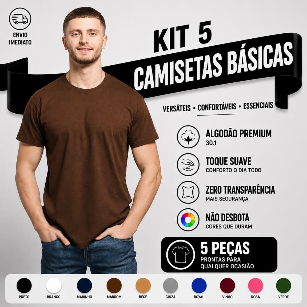 Camiseta Masculina Algodão Kit 5 Camisas Marrom Masculinas Slim Básicas Gola Redonda Tribo