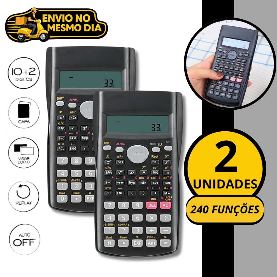KIT 1 2 Calculadora 240 Funções Cientifica A Pilha Financeira Matemática Escolar Faculdade Trabalho 2 Linhas Barata
