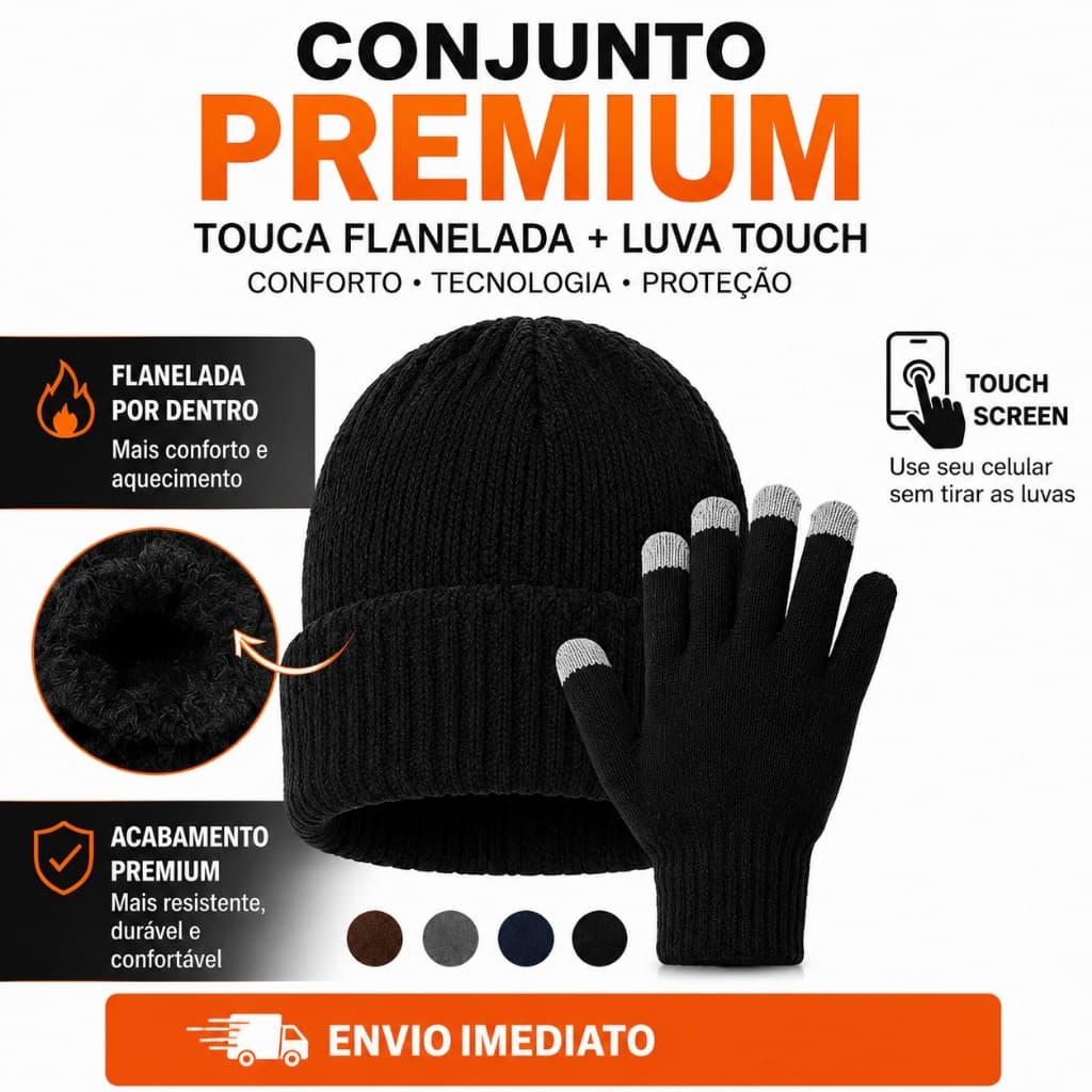 Touca Flanelada Preta + Luva Touch Screen Premium Unissex Inverno Quente