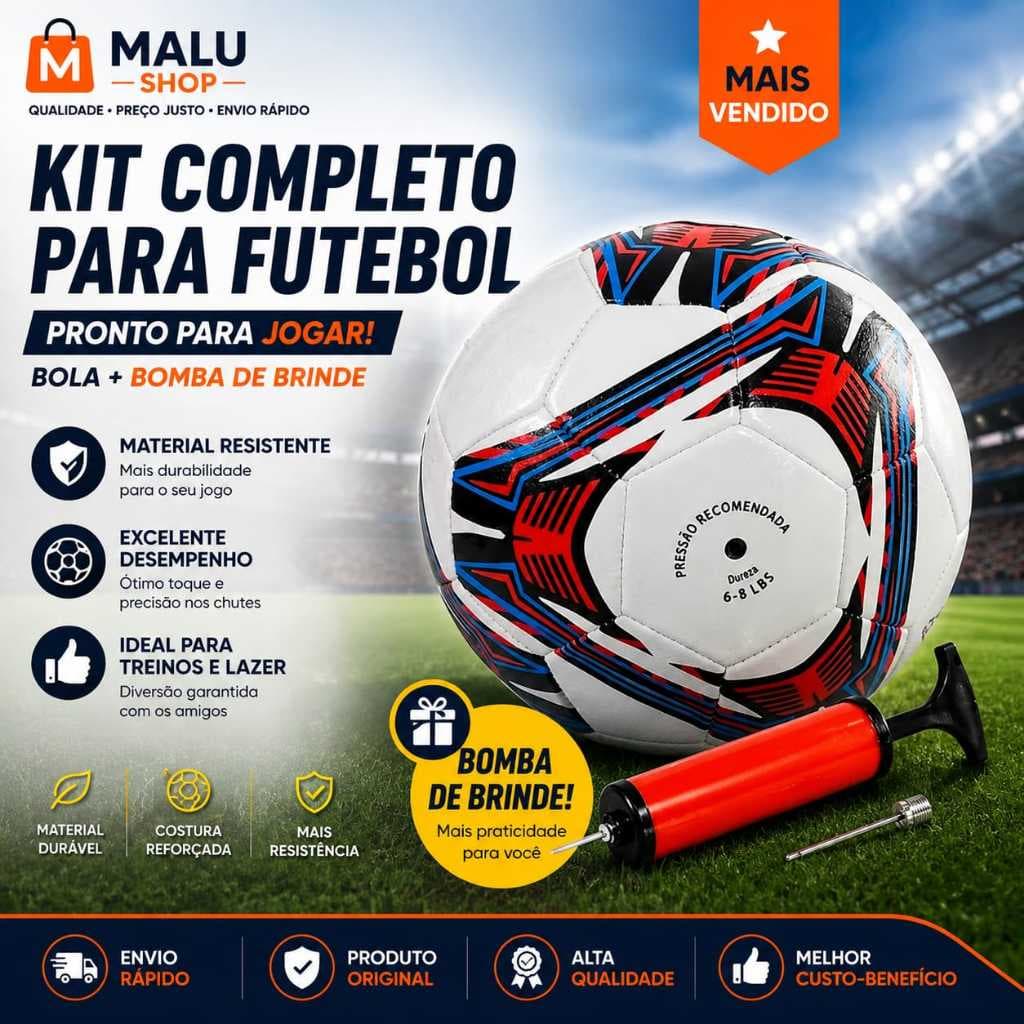 Kit Bola de Futebol + Bomba de Ar Manual Portátil Para Encher Tamanho 5 Oficial Couro Sintético Campo Costurada Diversão