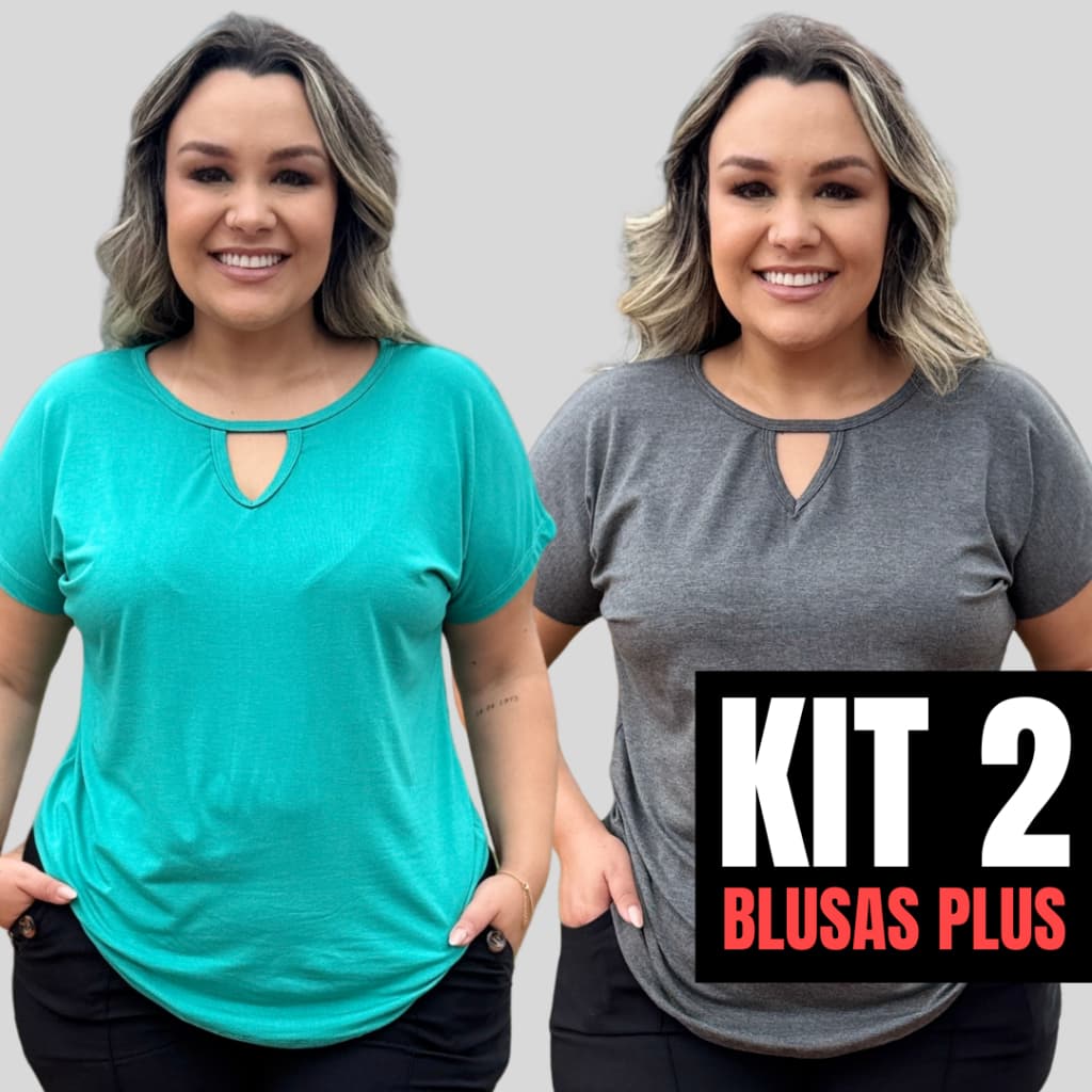 Kit 2 Blusas Plus Size Feminina Em Viscolycra Casual Detalhe V Básica