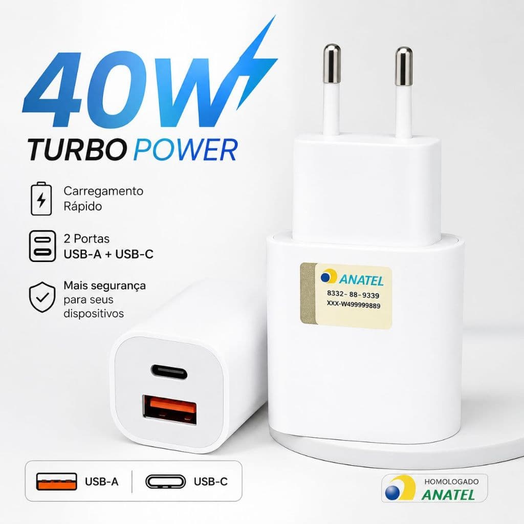 Carregador Turbo 40W 2 Portas Fonte USB-C e USB-A Rápido Tipo C PD iPhone Samsung Motorola