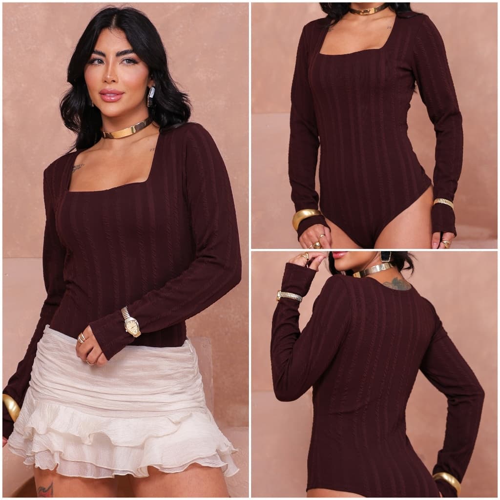 Body Feminino Manga Longa Canelado Decote Quadrado Rivana Premium Body Elegante Body Feminino Moda Inverno
