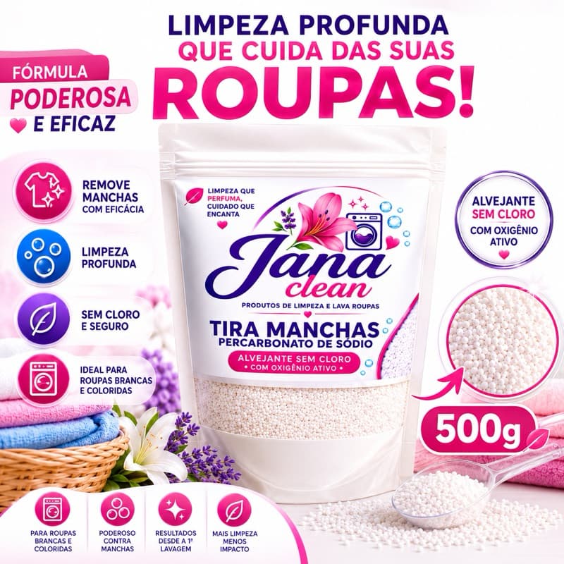 Percarbonato de sódio 100% Puro para limpeza em geral, clareador de roupas, Tira Manchas Jana C 500g