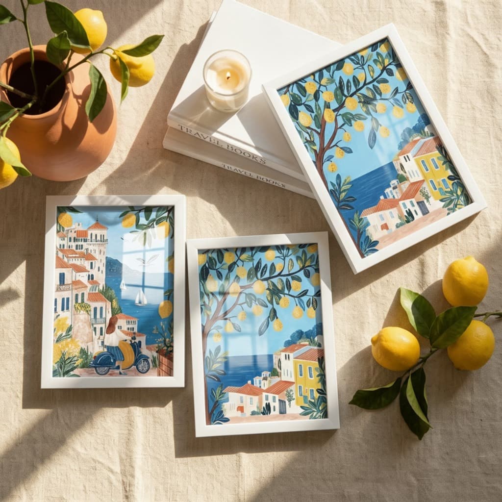 Kit 3 Quadros Decorativos 18x24 Boho Tropical Gatos Limão Sala Quarto Escritório Moldura Vidro lindo