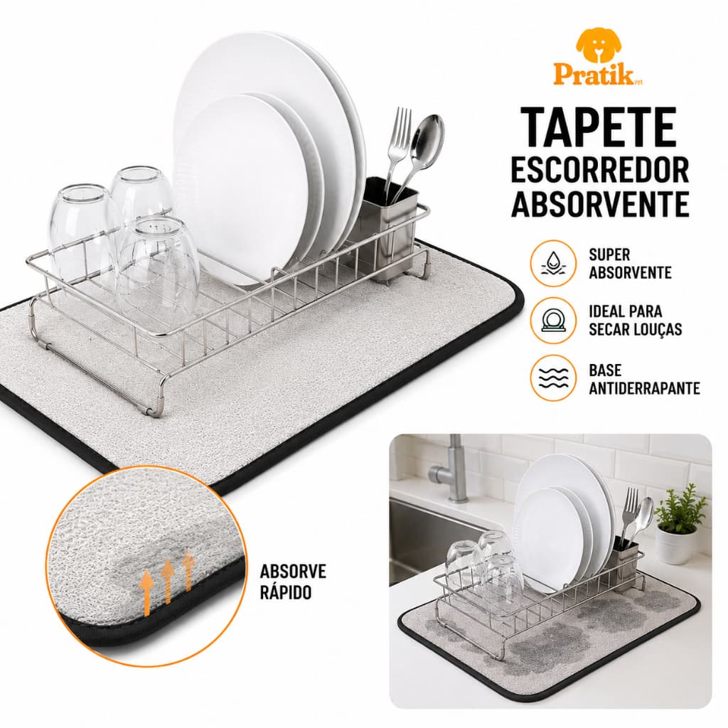 Tapete Escorredor Louça Ultra Absorvente Antiderrapante Secagem Rápida Porta Copos Pia
