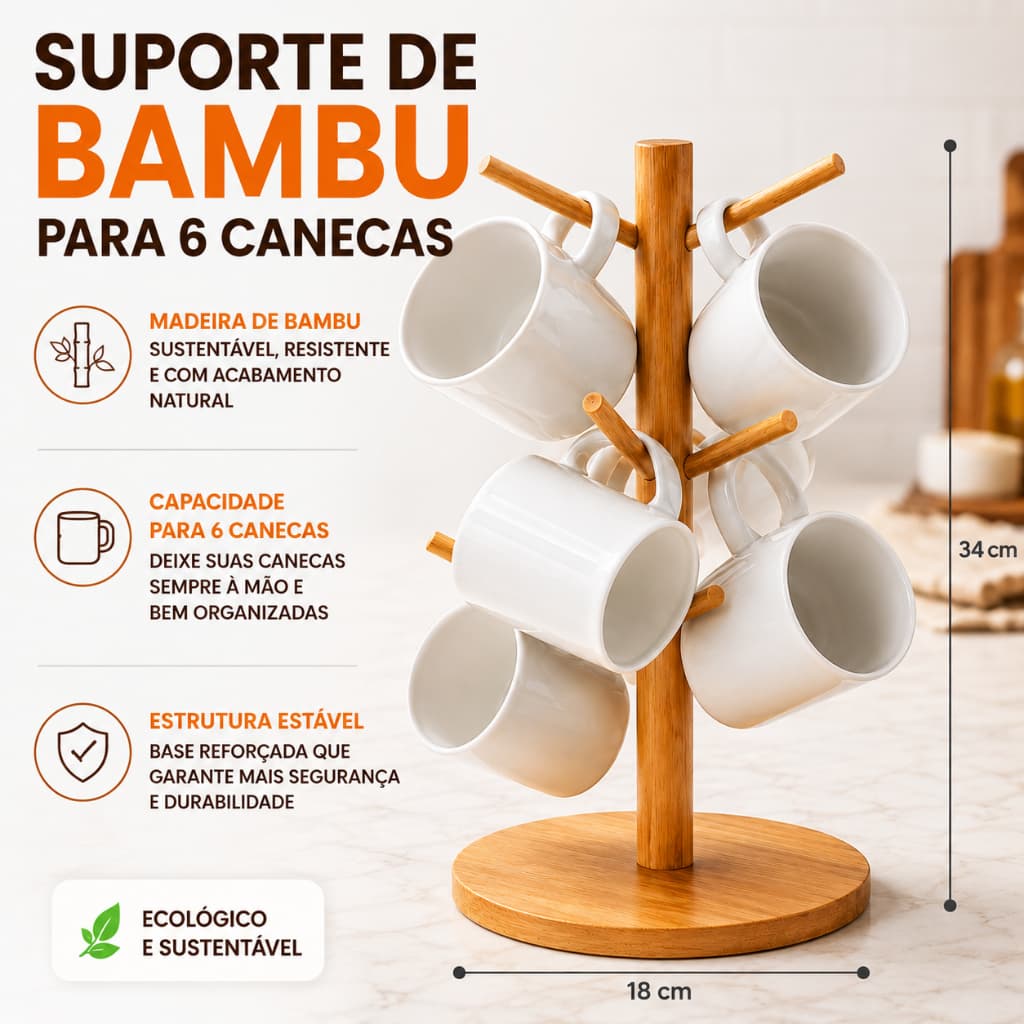 Suporte Organizador Escorredor Porta Xícaras Pendurar Caneca Copo Bambu 6 Ganchos Madeira Chá Café
