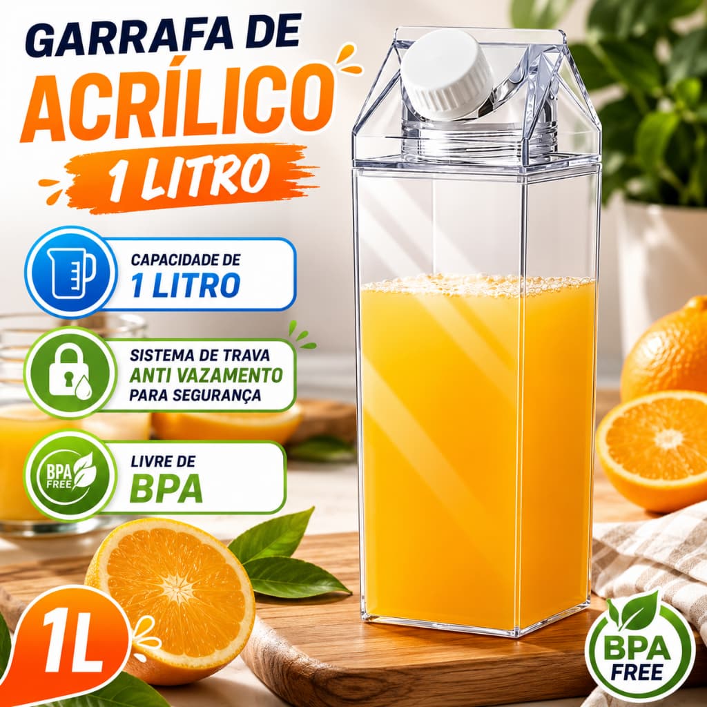 Garrafa de Acrílico Transparente Caixa Leite Suco Água Chá Bebidas Geladeira Acrilica Hermética