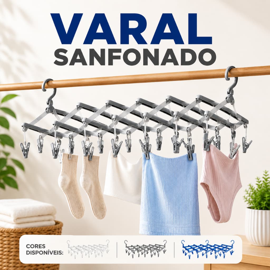 Varal Sanfonado Dobrável Premium 29 Prendedores até 110 cm Ajustável Compacto para Roupas SORTIDO