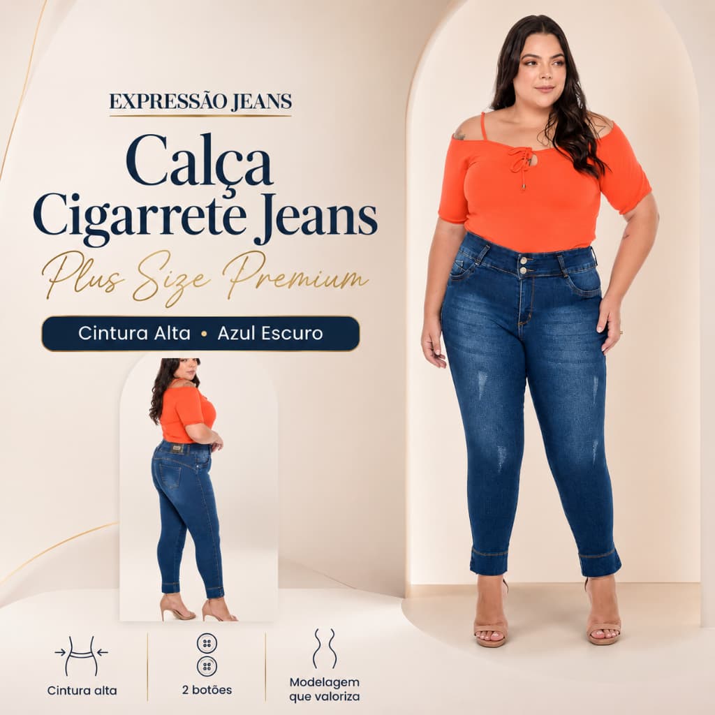 Calça Cigarrete jeans Plus Size feminina cintura alta Premium