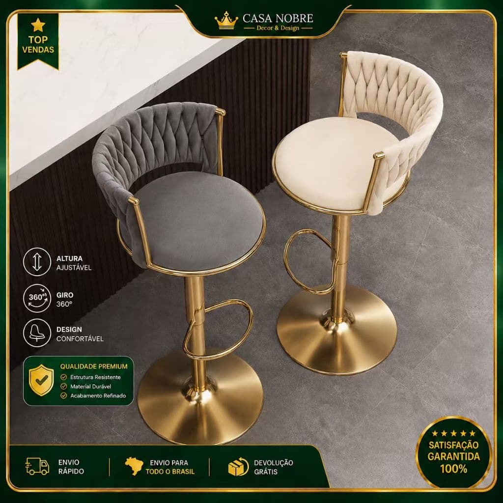 Banquetas Bar Giratórias Altura Ajustável Veludo Macio, Banqueta Ilha Cozinha Base Metal Dourado, Giro 360°