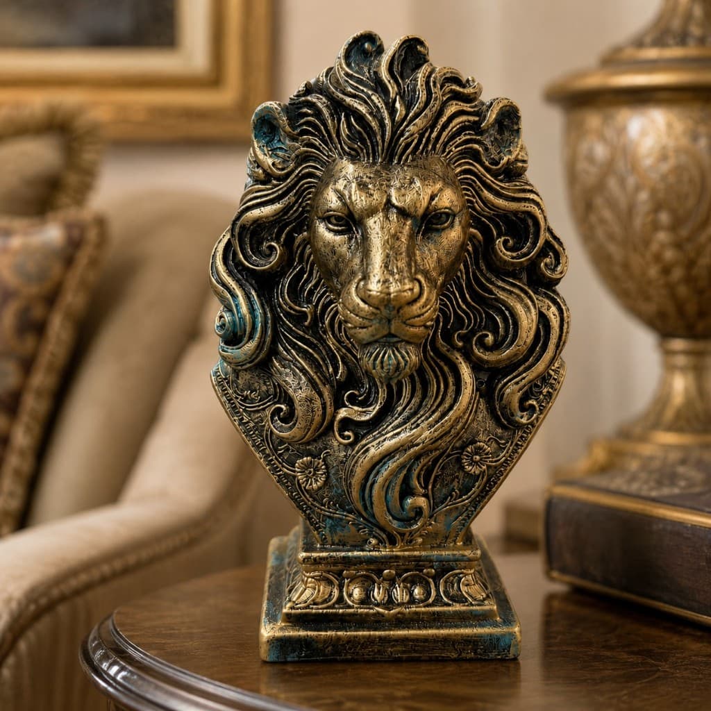 Escultura Busto de Leão Decorativo em Resina Decoração Luxuosa
