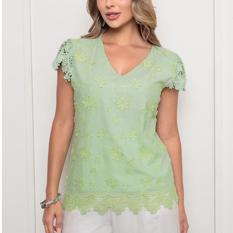 DUOUNO BLUSA FEMININA MANGA JAPONESA BORDADA RENDA DECOTE V 100% ALGODÃO COM FORRO - BLUSA FEMININA