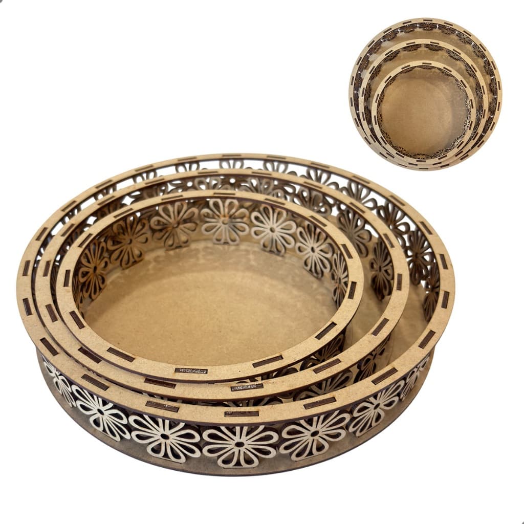 Trio de Bandejas Redondas MDF Cru Vazado Floral Decorativo para Festa Artesanato Mesa Doces Presente Lembrancinha