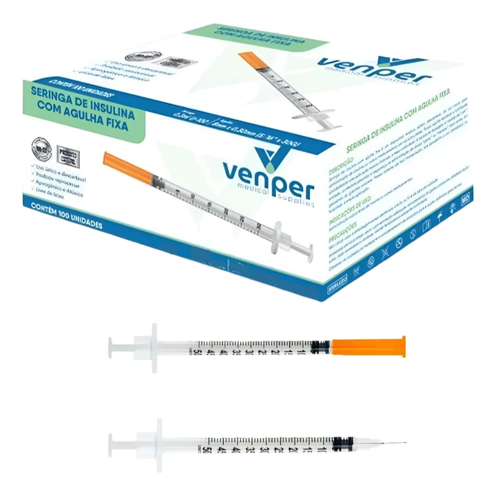 Seringa insulina 0,5ml c/ agulha 6mm FIXA E EXTRA FINA - ZERO RESÍDUO - VP