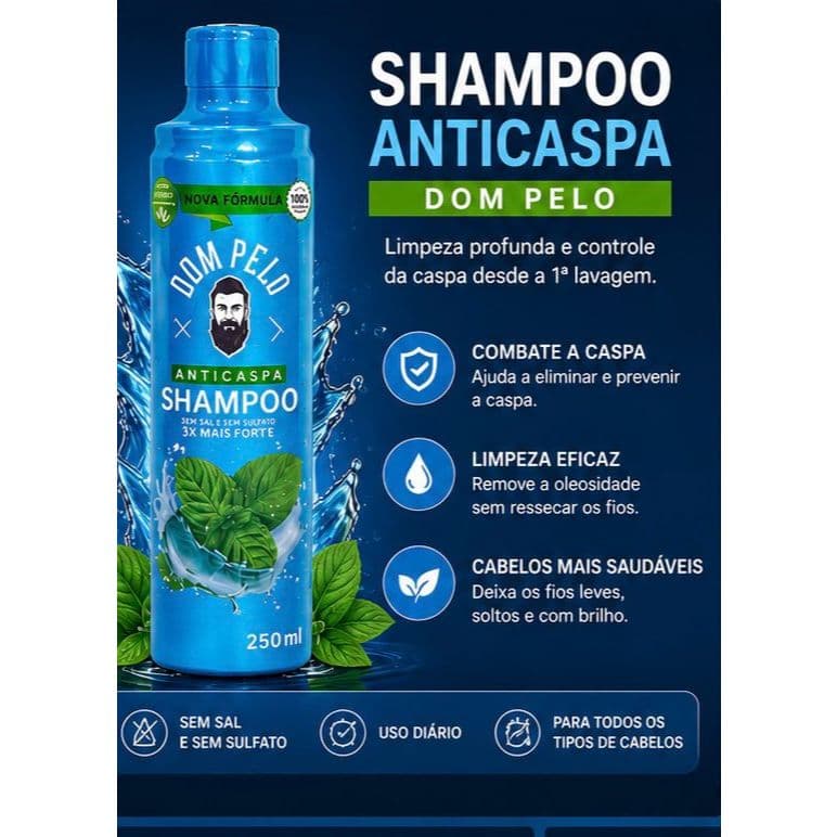Shampoo Anticaspa Dom Pelo 250ml Original | Kit 1, 3 ou 5 Unidades | Limpeza Profunda Sem Sal
