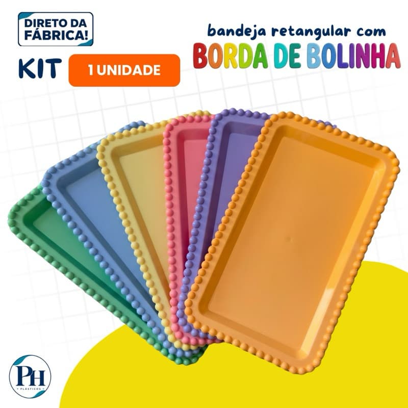 BANDEJA RETANGULAR PLÁSTICA  COM BORDA DE BOLINHAS 25x15CM | IDEAL PARA FESTAS E DECORAÇÃO