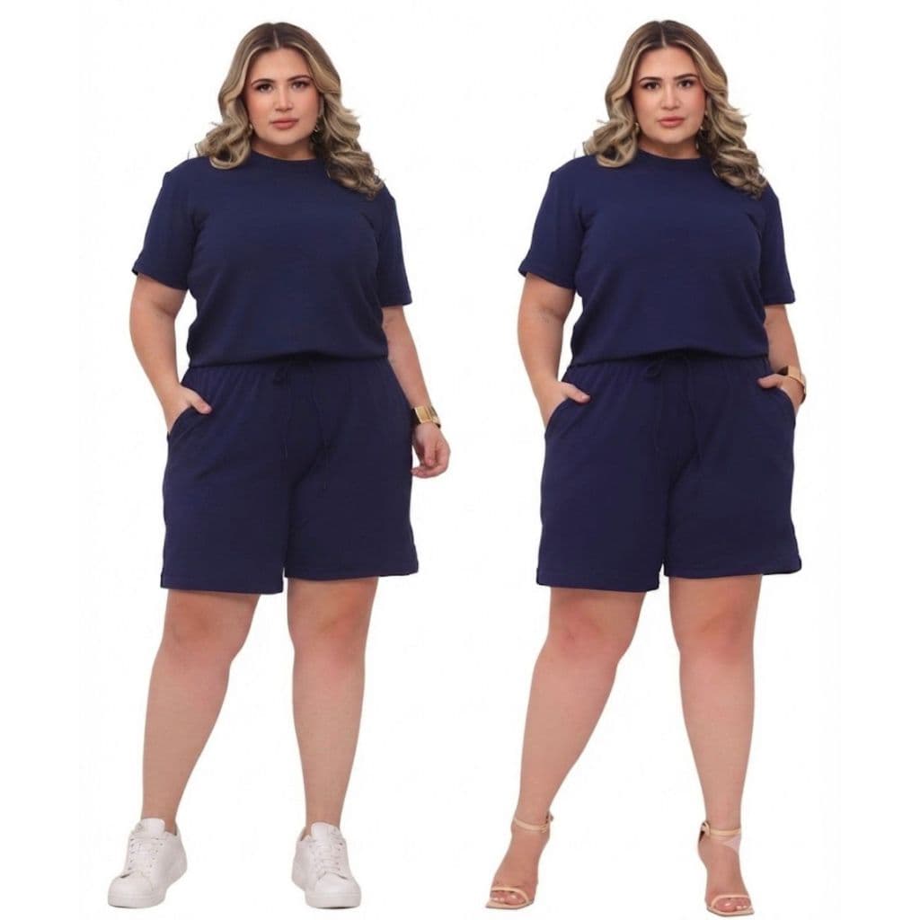 Conjunto Feminino Plus Size Shorts Bermuda Meia Coxa Blusa Cropped Manga Curta Malha Crepe  G1 ao G4