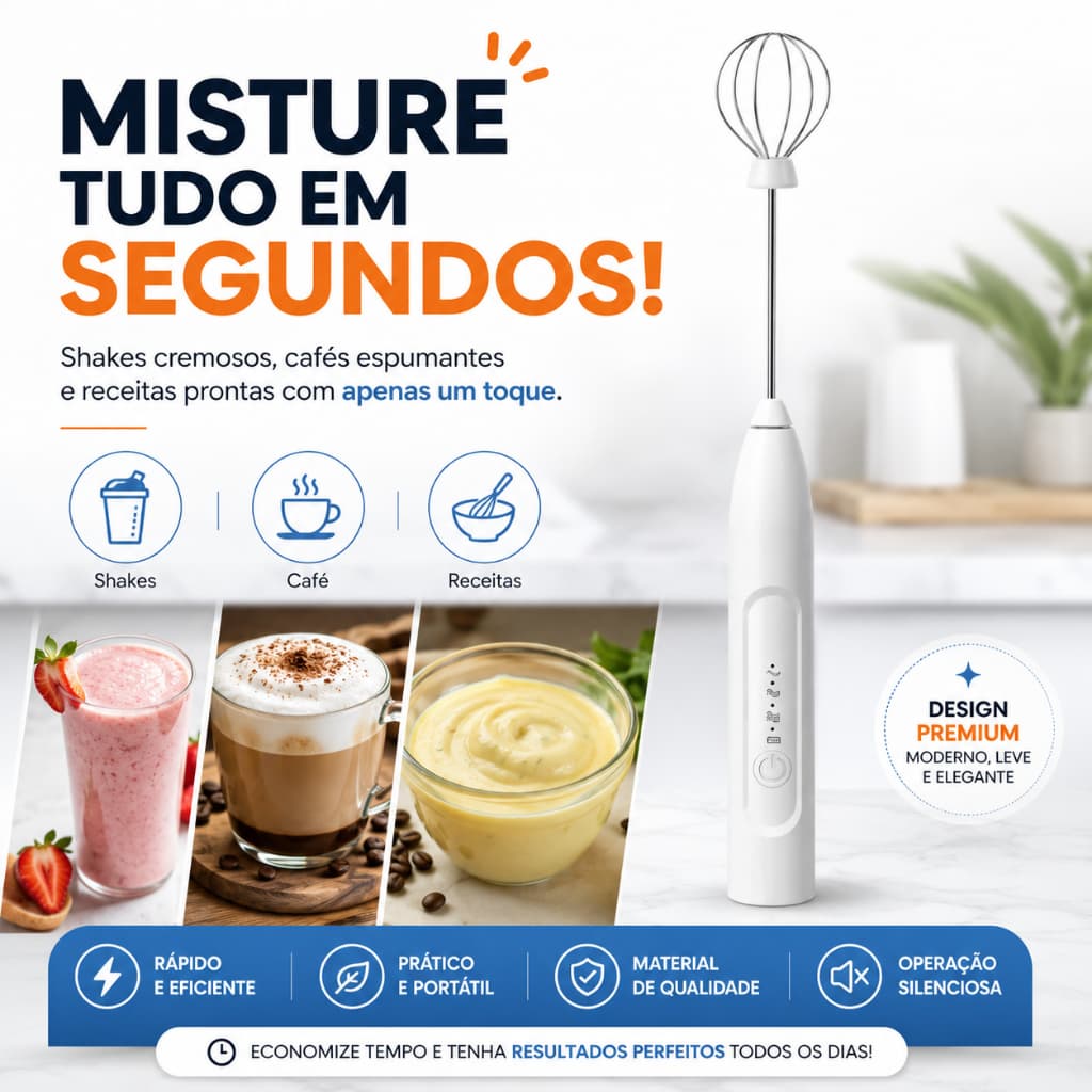 Misturador Elétrico Portátil Recarregável USB Bivolt Mini Mixer Fuê Inox para Shakes Café Cappuccino