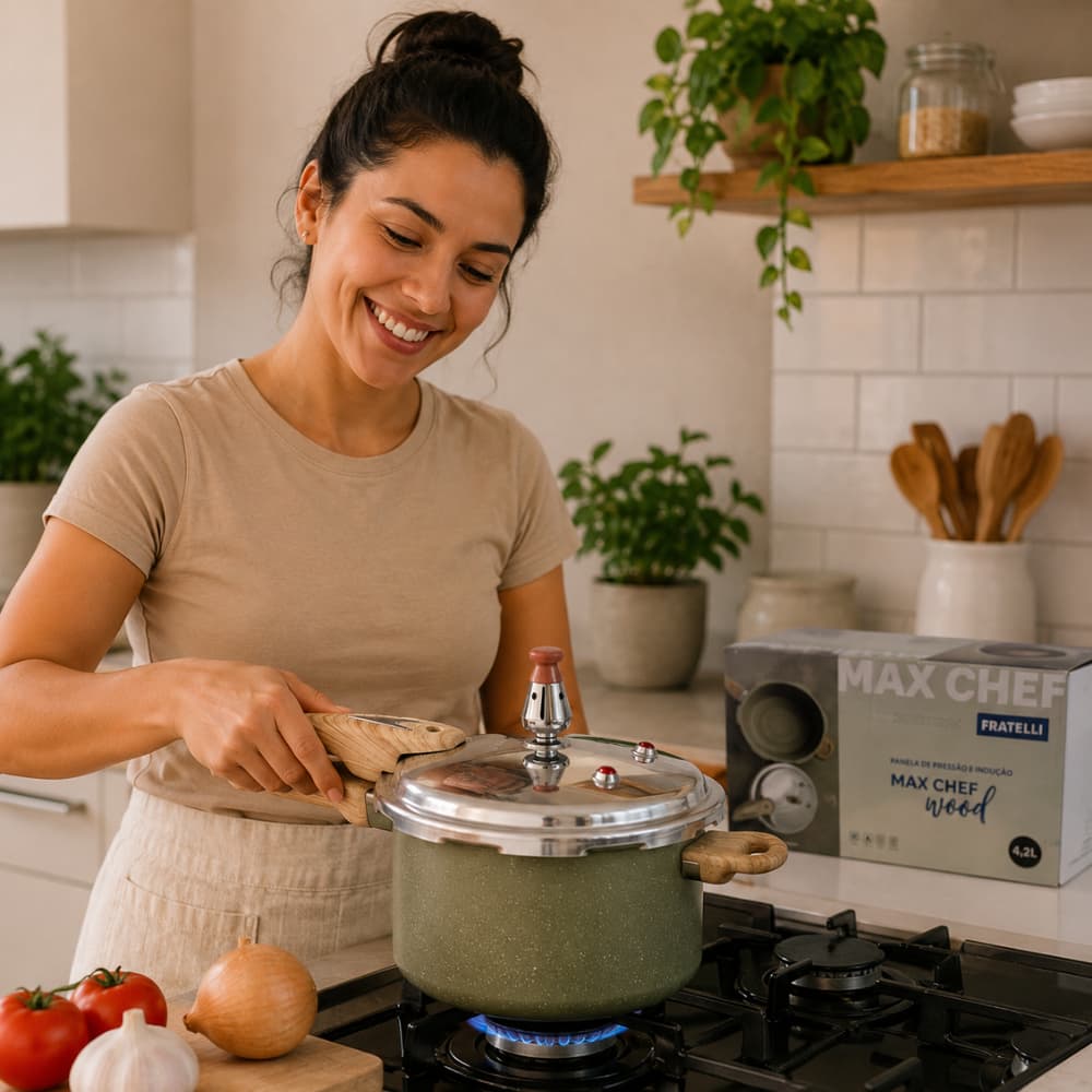 Panela Pressao Inducao 42 Litros Max Chef Wood Cozinha Segura Resistente