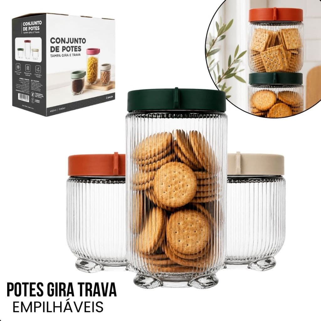 KIT 3 Potes Organizadores de Vidro Herméticos Gire e Trava Praticasa Organização Cozinha Mantimentos