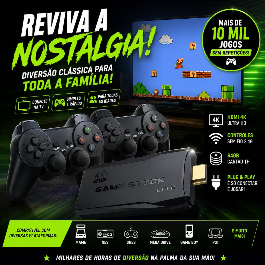 Mini Console Gamer Retrô HDMI 4K Wireless 2 Controles Sem Fio +10 Mil Jogos Clássicos Plug Play 64GB