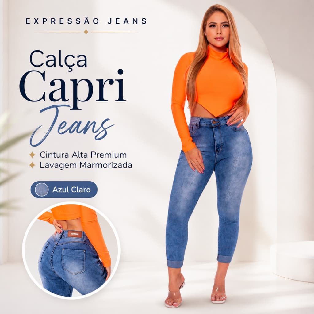 Calça Capri jeans feminina cintura alta marmorizada Premium