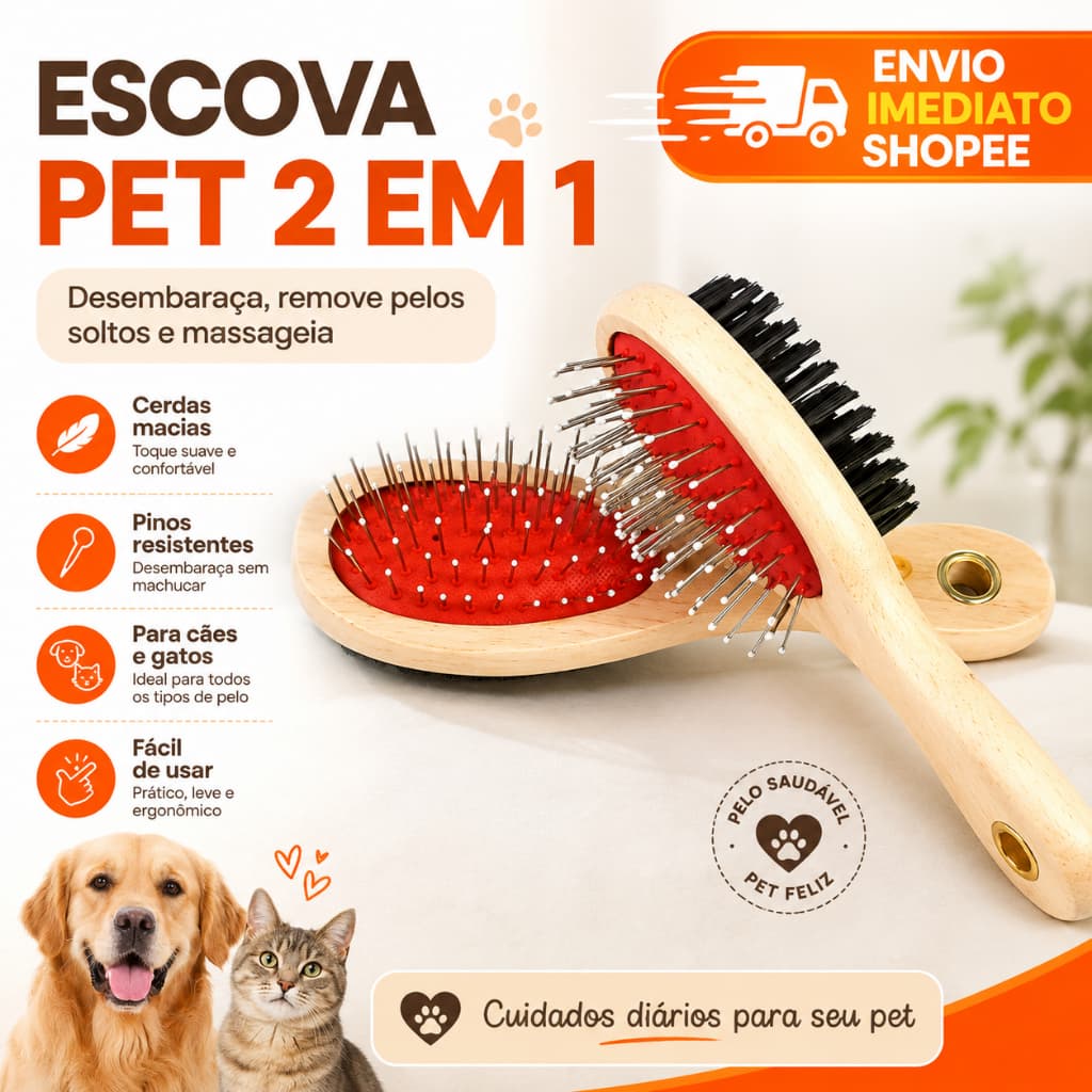 Escova Pet 2 em 1 de Madeira para Cães e Gatos – Desembaraça e Remove Pelos