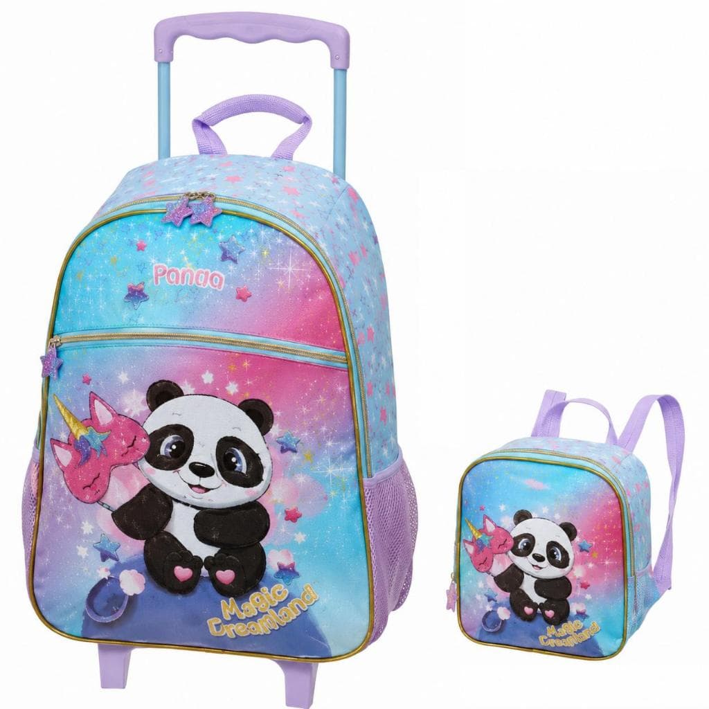 Kit Escolar Infantil Pack Me Panda Fantasy Pacific Mochila de Rodinhas + Lancheira Térmica