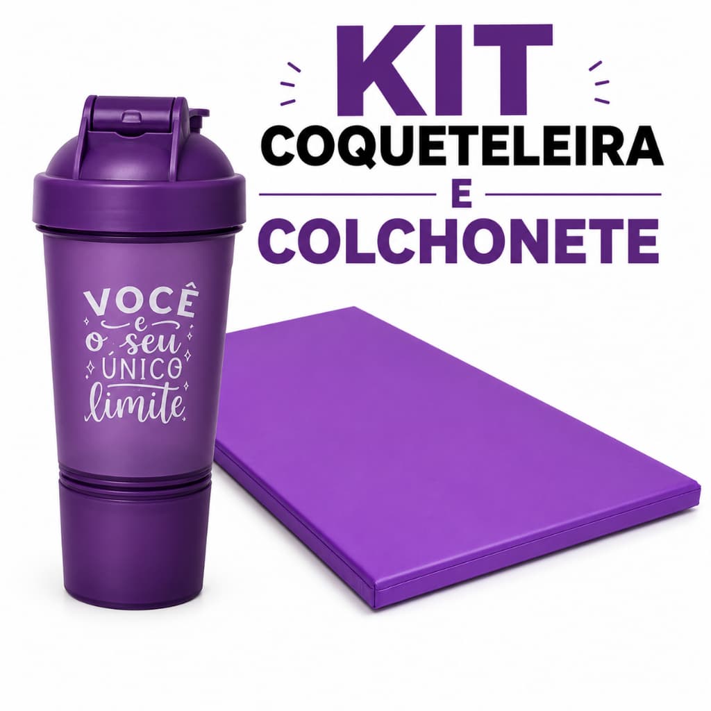 Kit Fitness Colchonete Roxo 90x40 + Coqueteleira 600ml Academia Yoga Pilates Treino