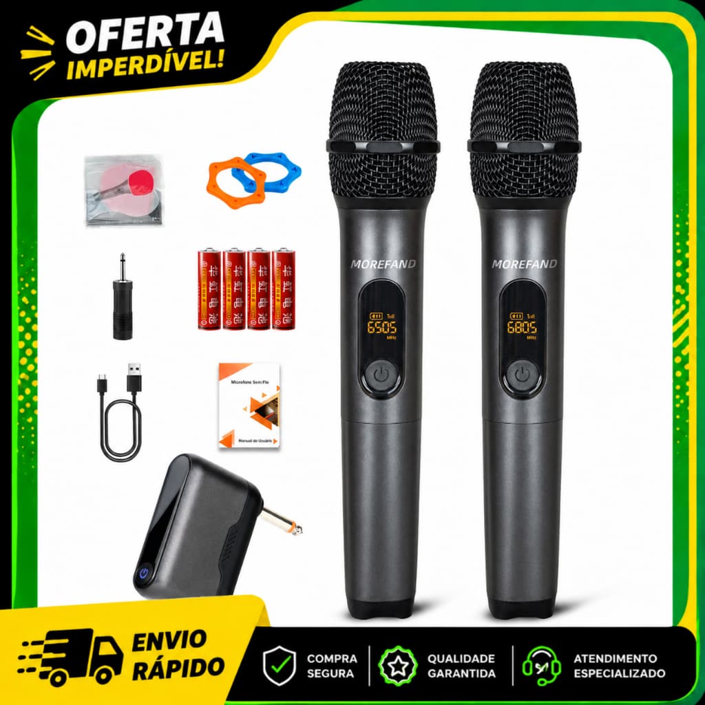 Microfone Sem Fio Duplo UHF MOREFAND 2.4G Cardioide 40h Autonomia  Alcance 76m Karaokê Shows
