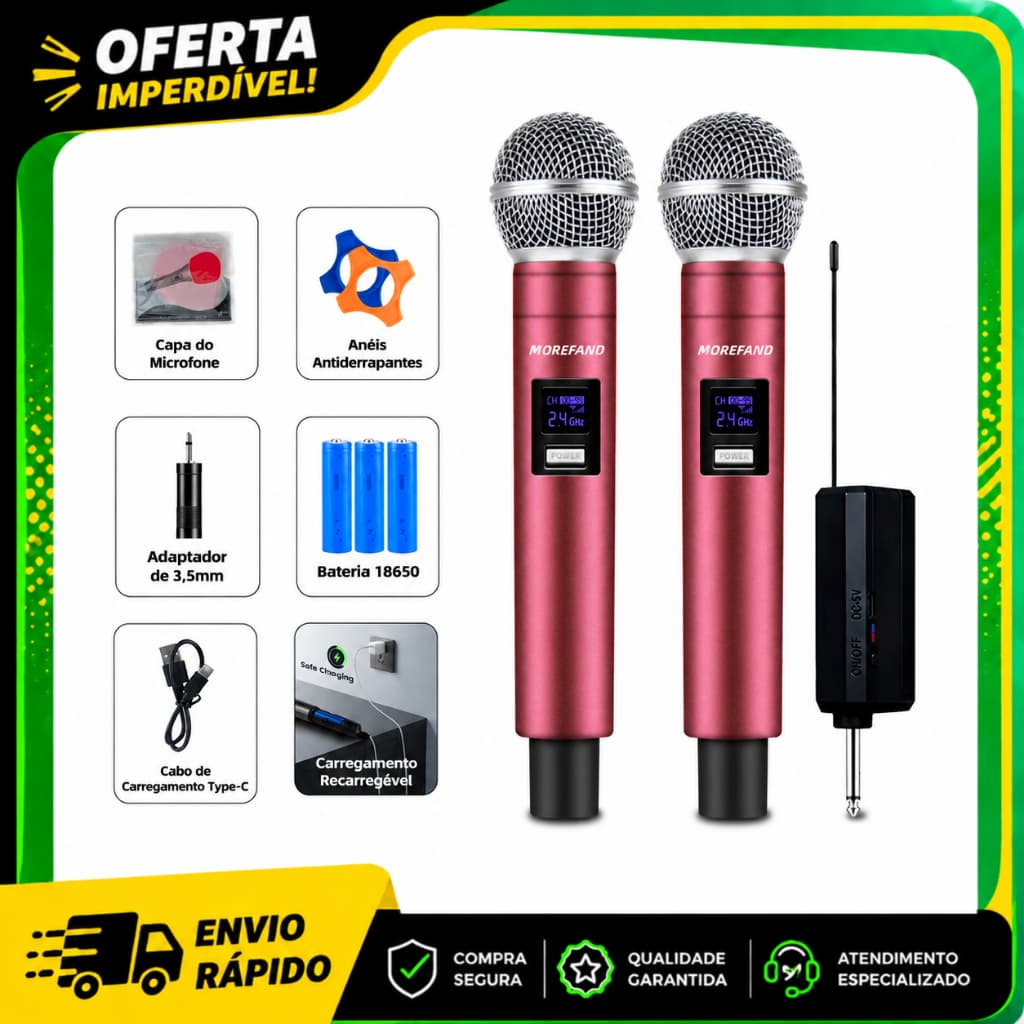 Microfone Sem Fio Profissional MOREFAND Kit 2 Unidades 2.4G Cardioide 24h Bateria Type-C Sertanejo Pagode