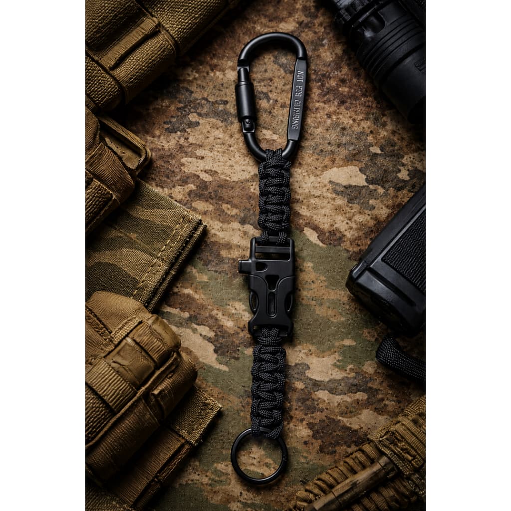 CHAVEIRO TATICO DE PARACORD 550 + FECHO COM APITO E MOSQUETÃO