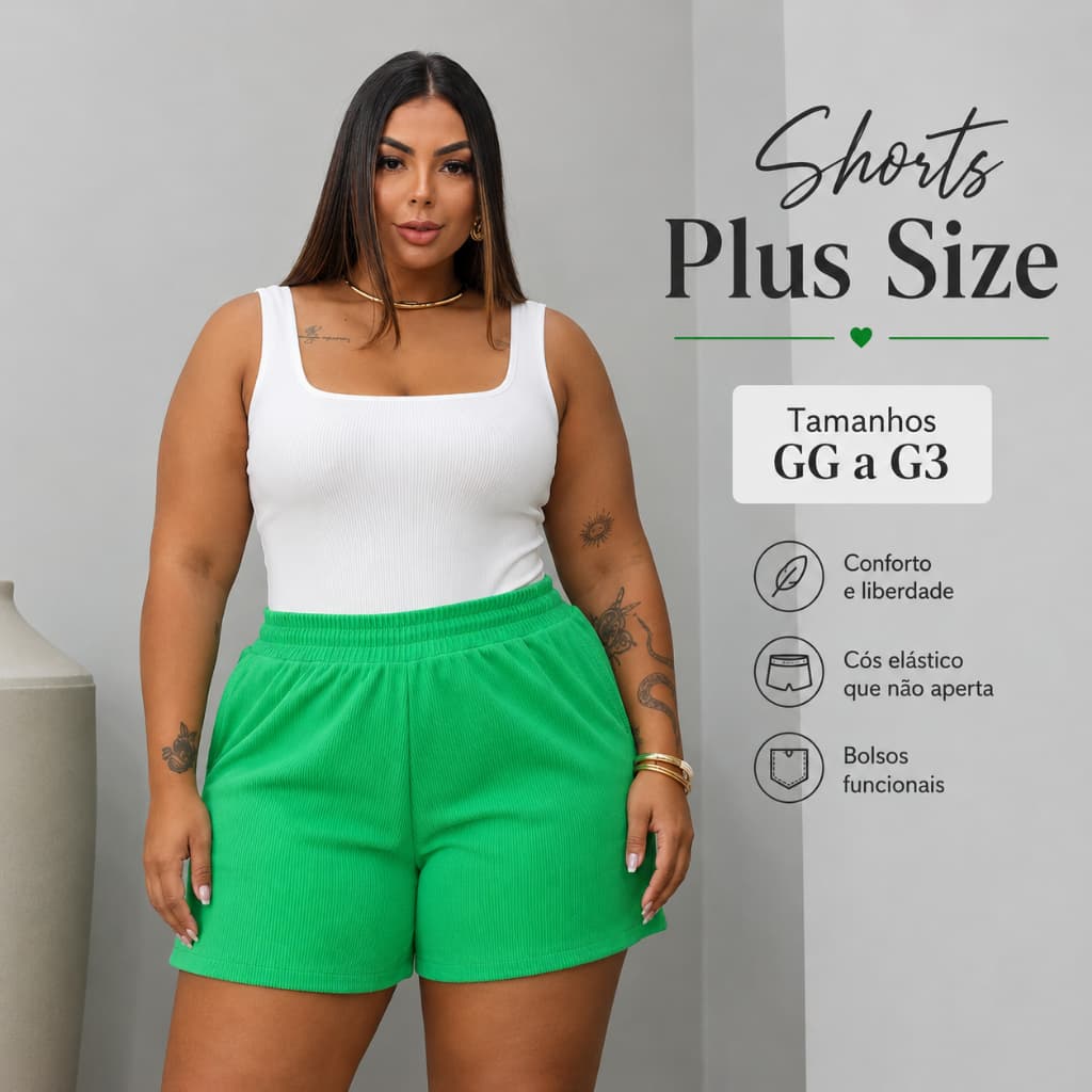Kit 2 Shorts Plus Size Feminino Cintura Alta Malha Confortável Cós com Elástico GG ao G3