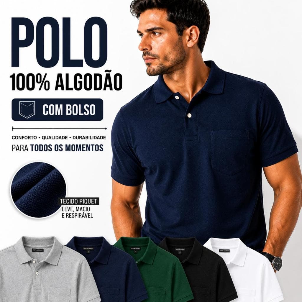 Kit 2 Camisas Polo Masculinas Lisa com Bolso – Algodão Premium 30.1