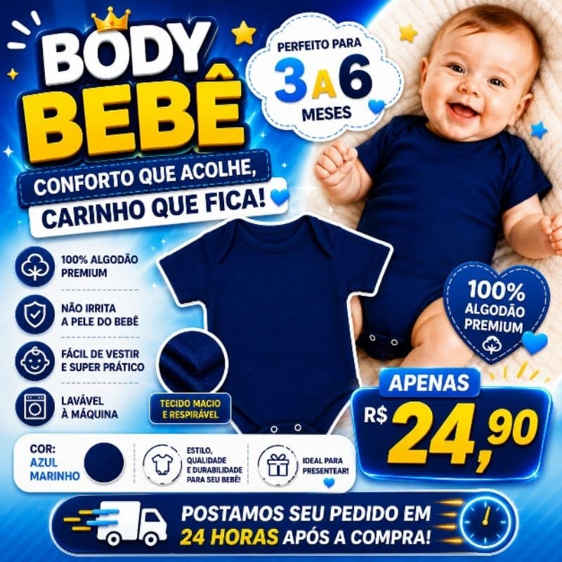 💙Body Bebê Azul Marinho Manga Curta Menino Confortável e Macio 3-6 Meses💙