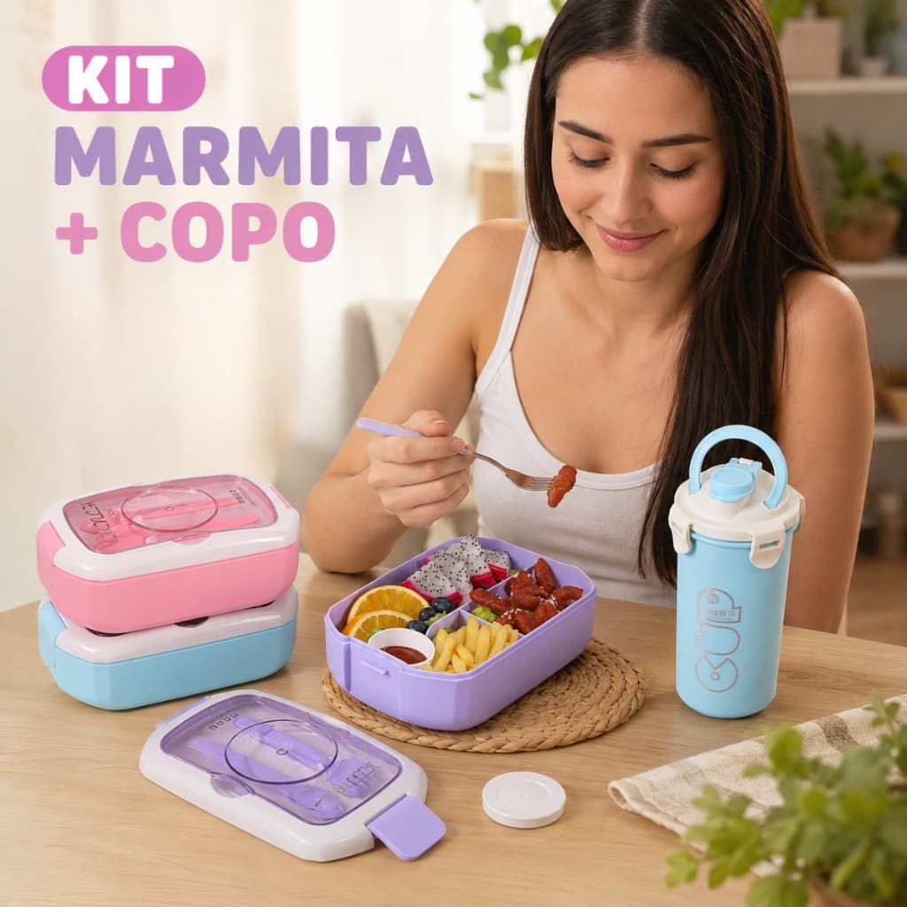 Kit Marmita Garrafa Talher Hermética Portátil Anti Vazamento Divisória Vedação Luxo 2 Peças Escola Trabalho