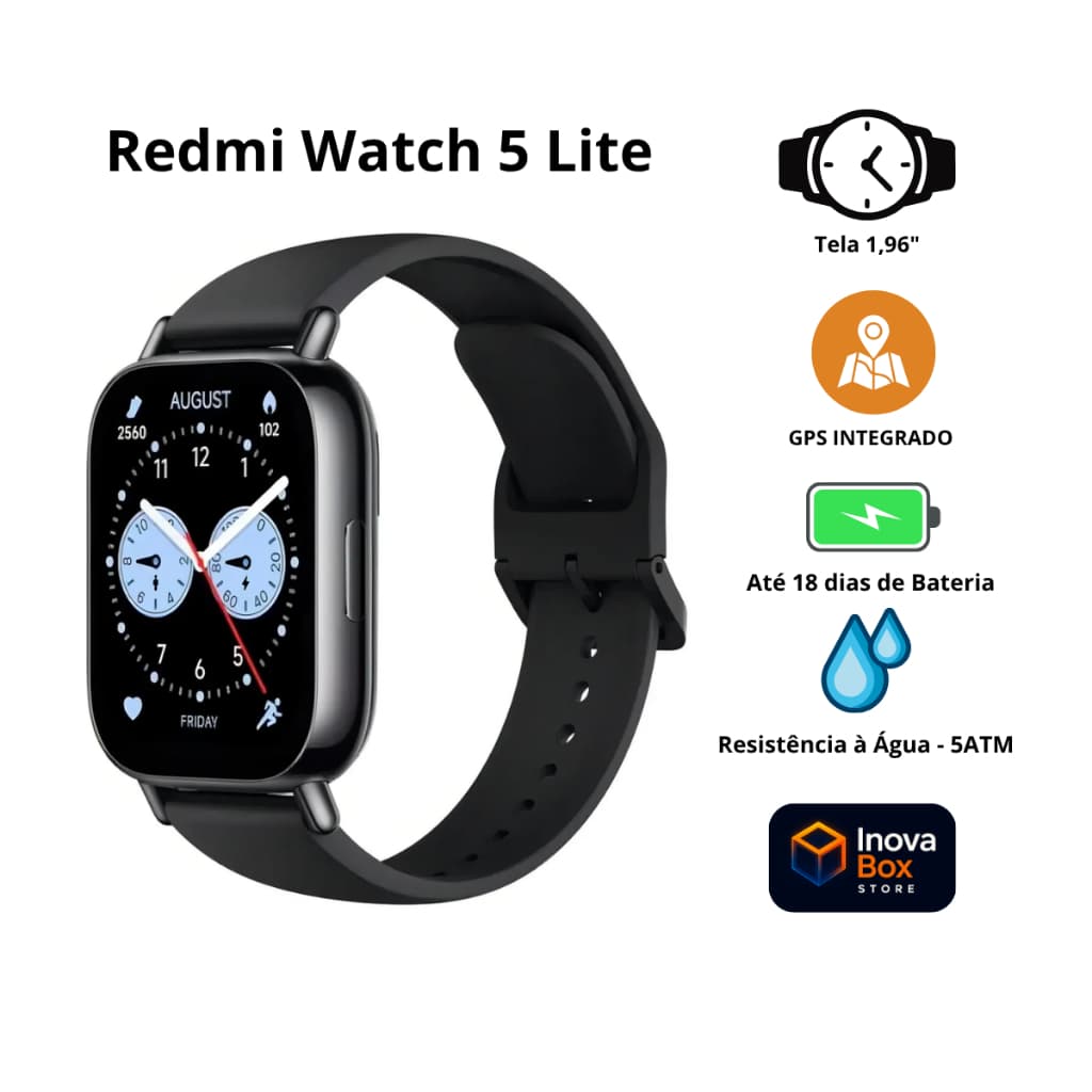 Smartwatch Xiaomi Redmi Watch 5 Lite AMOLED GPS Bluetooth 5ATM 150+ Esportes Até 18 Dias de Bateria