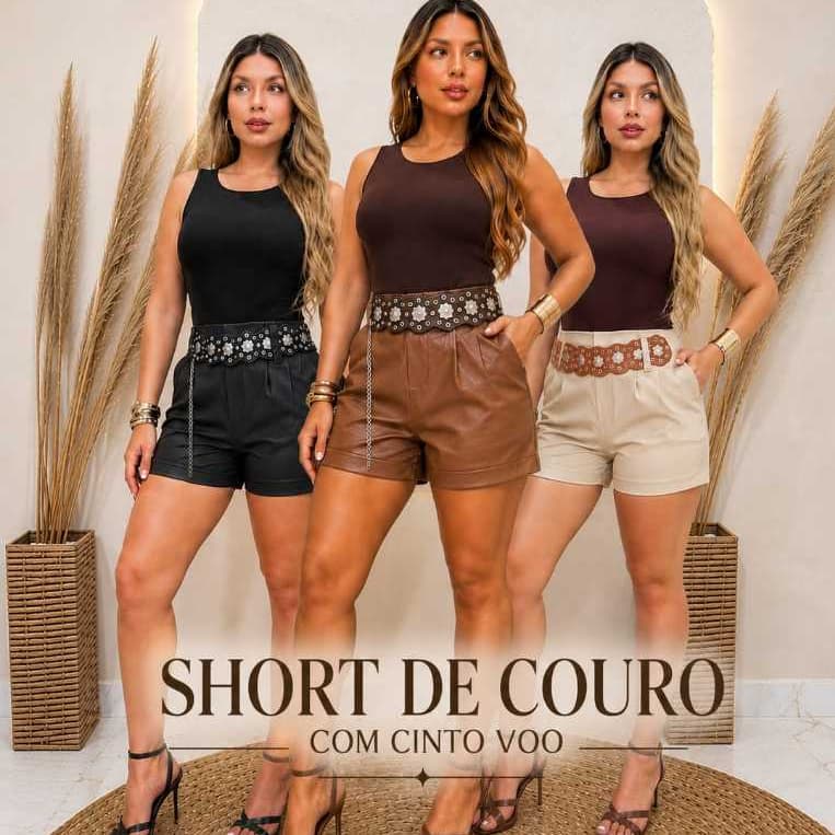 SHORT FEMENINO COURO FAKE CON CINTO BOHO    CINTURA ALTA