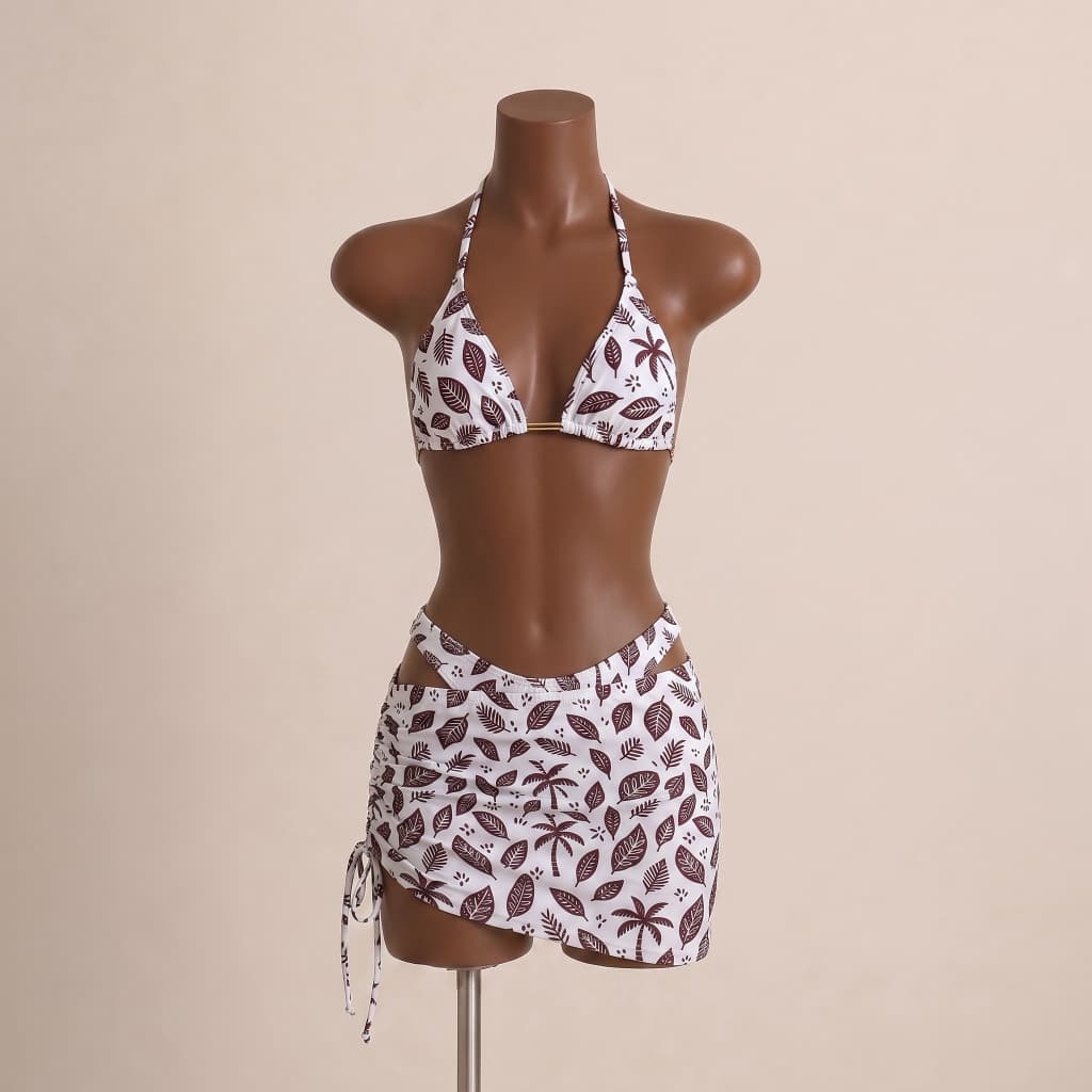 Conjunto Biquíni Cortininha + Saia | Look Feminino Praia Verão Colorido estampa Praia Marrom 3 Peças Verão