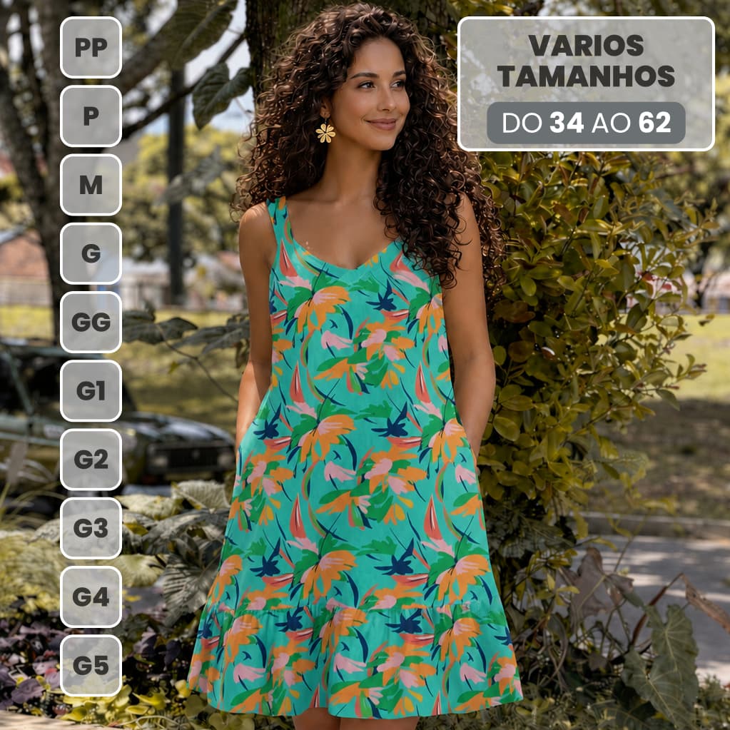 Vestido Feminino Viscose Soltinho 100% Forrado Bolsos Laterais Alças Ajustável Estampado Casual Elegante Verão Plus Size
