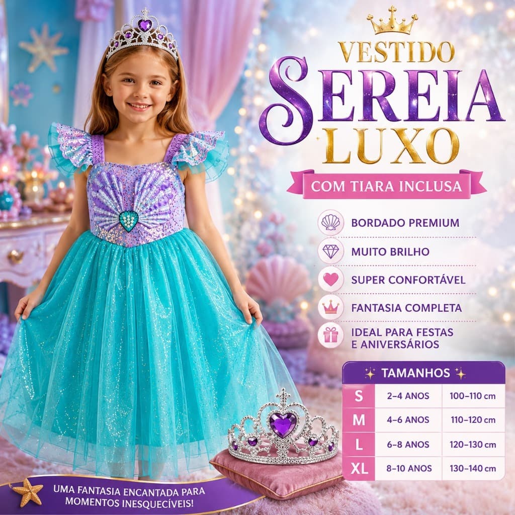 Vestido Sereia Luxo Infantil com Tiara | Fantasia Princesa Premium Festa Aniversário 2 a 10 Anos